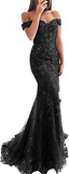 Lace beaded tulle maxi evening dress off the shoulder mermaid formal party dress HZ1023