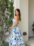 Blue A Line Strapless Print Floral Satin Long Prom Dress Evening Dress with Slit HZ1023