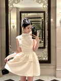 Open Back A Line Halter Bow Lace Ivory Satin Short Birthday Dress Homecoming Dress HZ1023