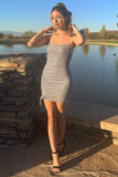 Shiny Grey Drawstring Ruched Tight Homecoming Dress HZ1023