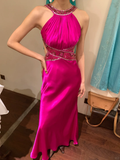 Vintage Mermaid Halter Beaded Sequin Pink Satin Long Open Back Party Dress Cocktail Dress HZ1023