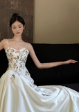 Elegant Floral A Line Spaghetti Strap White Satin Long Prom Dress Formal Dress 16th Birthday Dress HZ1023