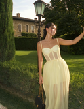 Pretty A Line Spaghetti Strap Corset Light Yellow Tulle Prom Dress Evening Dress HZ1023