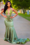 Charming Green Appliques Mermaid Prom Dress Sweep Train Evening Dress HZ1023