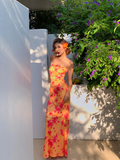 Sexy Sheath Spaghetti Straps Orange Print Floral Satin Long Prom Dress Outfits HZ1023