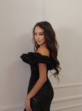 Sexy Black Sheath Off the Shoulder Sequin Prom Dress Formal Dress Party Dress HZ1023