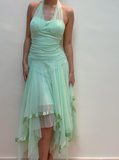 Vintage A Line Halter V Neck Ruffle Green Tulle Short Homecoming Dress Evening Dress HZ1023