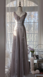 Stunning A Line V Neck Appliques Purple Tulle Long Prom Dress Evening Dress HZ1023