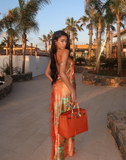 Orange Sheath Spaghetti Strap Feather Satin Prom Dress Vacation Dress with Slit HZ1023