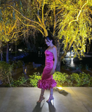 Cute Sheath Strapless Hot Pink Satin Prom Dress Graduation Prom Dress HZ1023
