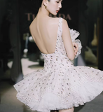 Polka Dot A Line Straps Pleated Chiffon Tulle Short Homecoming Dress Cocktail Dress HZ1023