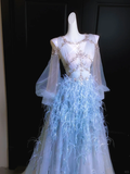 Exquisite Beaded Long Sleeve Blue Feather Tulle Date Dress Evening Dress Prom Dress HZ1023