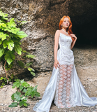 Charming A Line Strapless White Lace Satin Prom Dress Evening Dress HZ1023