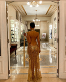 Golden Sheath V Neck Sequin Long Prom Dress Birthday Dress Evening Dress HZ1023