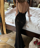 Black Long Sheath See-through Mermaid Prom Dresses HZ1023