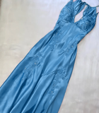 Green Mermaid V Neck Appliques Satin Open Back Long Prom Dress Outfits HZ1023