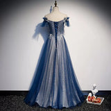 A line Off The Shoulder Tulle Blue Prom Dresses HZ1023