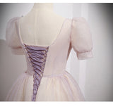 Ball Gown Short Sleeves Long Tulle Pink Prom Dresses HZ1023