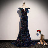 Simple Mermaid Prom Dresses Navy Blue Sequin Evening Dress HZ1023