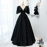 A line Short Sleeves V neckline Long Black Prom Dresses HZ1023