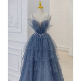 A line Tulle Dusty Blue Long Prom Dresses HZ1023