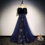 A line Navy Blue Velvet Prom Dresses Sexy Evening Dress HZ1023