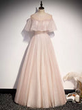 A line Short Sleeves Tulle Pink Prom Dresses HZ1023