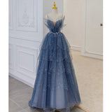 A line Tulle Dusty Blue Long Prom Dresses HZ1023