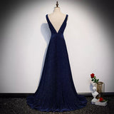A line Navy Blue Sequin Prom Dresses Sexy Evening Dress HZ1023