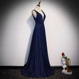 A line Navy Blue Sequin Prom Dresses Sexy Evening Dress HZ1023
