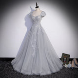 A Line Silver Gray Tulle Prom Dresses Long Prom Dress HZ1023