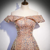 A line Off the Shoulder Pink Sequin Long Prom Dresses HZ1023