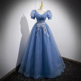 Ball Gown Short Sleeves Long Tulle Blue Prom Dresses HZ1023