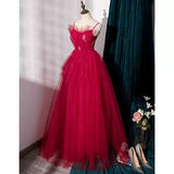 Simple A line Tulle Red Long Prom Dresses HZ1023