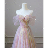 A line Sequin Pink Long Prom Dresses HZ1023