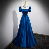 A line Square Neckline Short Sleeves Long Royal Blue Prom Dresses HZ1023