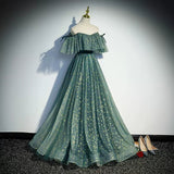 A line Off the Shoulder Green Tulle Prom Dresses HZ1023