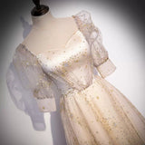 A line Short Puffy Sleeves Tulle Prom Dresses HZ1023