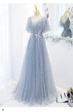 A line Light Sky Blue Tulle Prom Dresses HZ1023