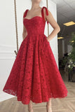 Sweetheart Neck Tea Length Red Lace Prom Dress, Red Lace Homecoming Dress, Red Formal Evening Dress HZ1023
