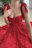 Sweetheart Neck Tea Length Red Lace Prom Dress, Red Lace Homecoming Dress, Red Formal Evening Dress HZ1023