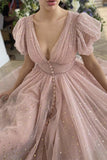 Pink v neck tulle short prom dress party dress HZ1023