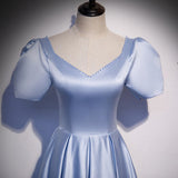 A line Short Sleeves Light Sky Blue Prom Dresses HZ1023