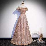 A line Off the Shoulder Pink Sequin Long Prom Dresses HZ1023