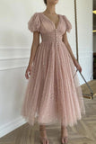 Pink v neck tulle short prom dress party dress HZ1023