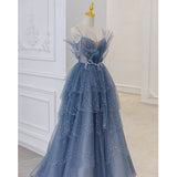 A line Tulle Dusty Blue Long Prom Dresses HZ1023