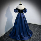 Navy Blue Puffy Sleeves Prom Dresses Sexy Evening Dress HZ1023