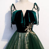 A line Spaghetti Straps Green Sequin Lace Prom Dresses HZ1023