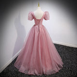 A Line Tulle Prom Dresses Short Sleeves Pink Prom Dress HZ1023