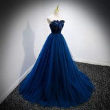 Navy Blue Tulle Strapless Prom Dresses Sexy Evening Dress HZ1023